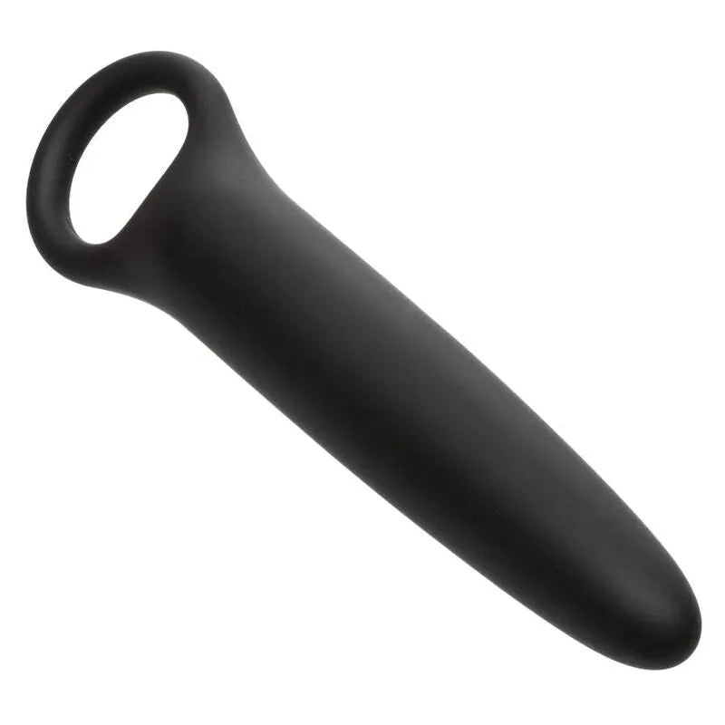 Dilatateur noir en silicone lisse avec boucle, ergonomique, hypoallergénique, pour dilatation progressive, tailles variées.