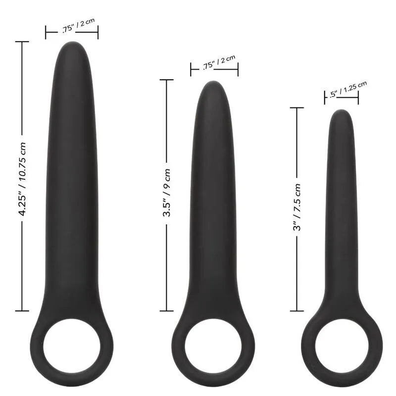 Dilatateurs en silicone noir, trois tailles, ergonomiques avec boucle, hypoallergéniques, pour dilatation progressive.