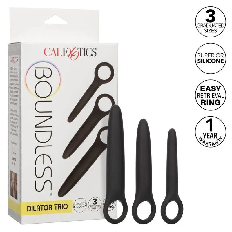 Dilatateurs noirs en silicone avec boucle, trois tailles, hypoallergéniques, ergonomiques, pour dilatation progressive.