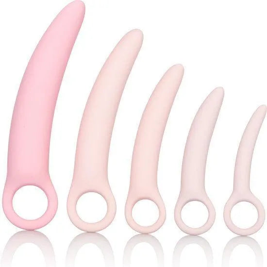 Dilatateurs vaginaux silicone haute qualité ensemble cinq tailles progression douce ergonomique boucle doigts emballage élégant moderne confort intime rééducation périnéale