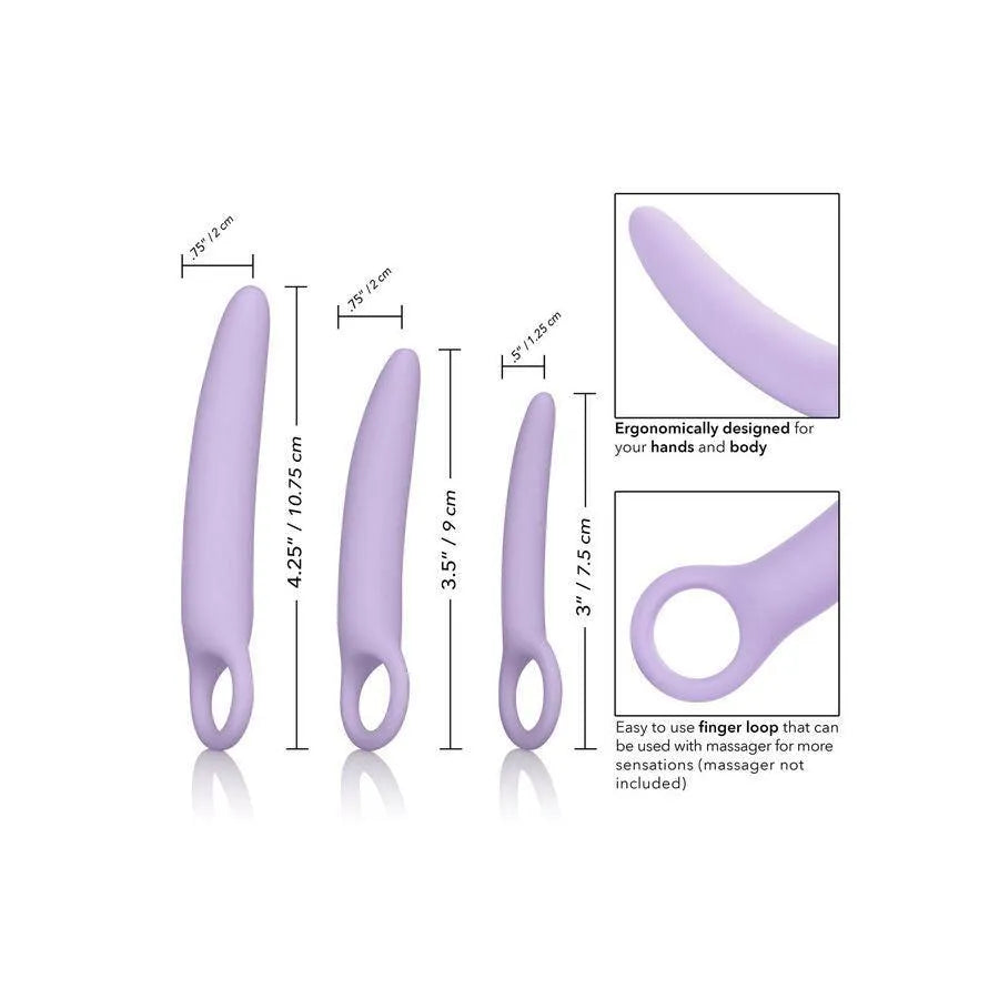 Dilatateurs vaginaux progressifs en silicone violet, tailles variées, avec anneau ergonomique pour rééducation intime.