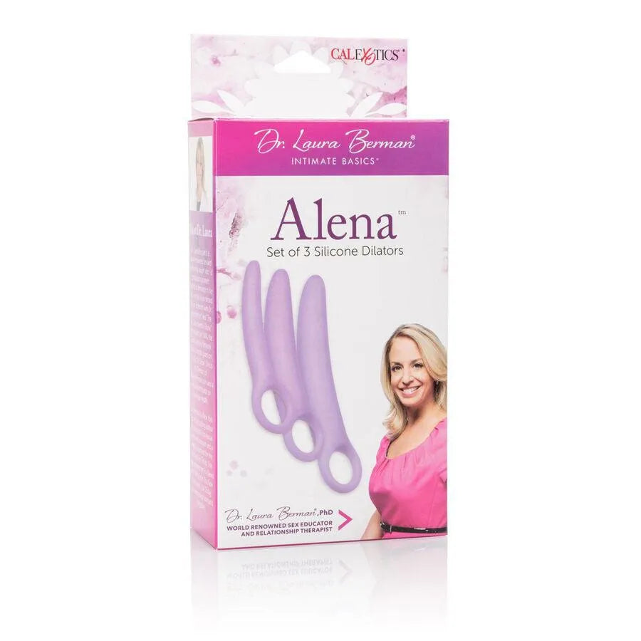 Dilatateurs vaginaux en silicone violet, progressifs, hypoallergéniques, dans une boîte illustrée avec une femme souriante.
