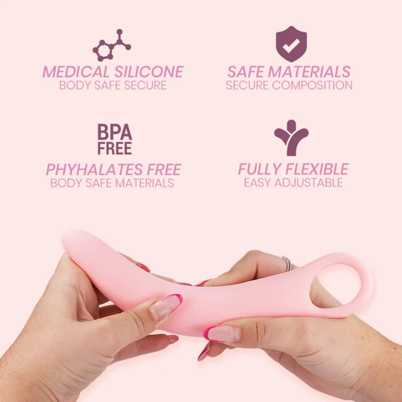 Dilatateur vaginal rose en silicone médical, ergonomique, flexible, idéal pour ménopause et rééducation intime.