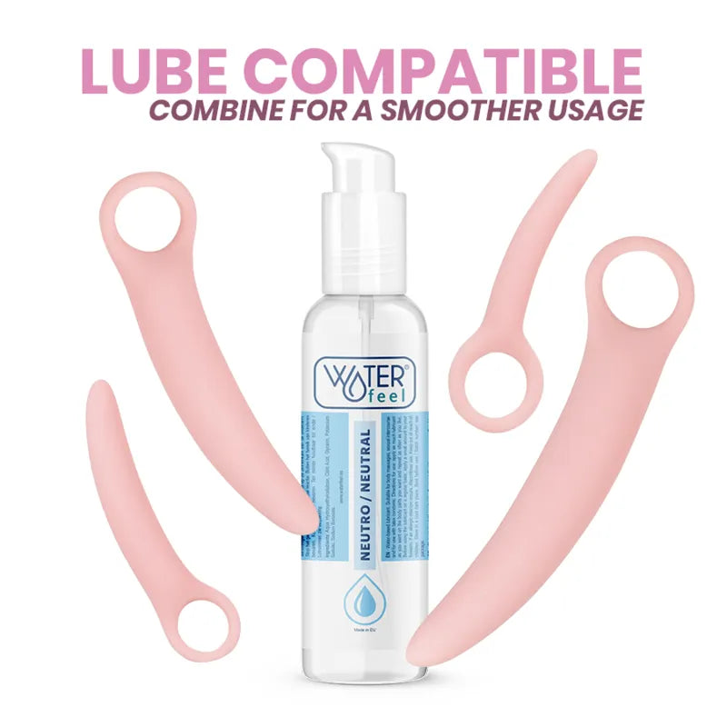 Dilatateurs vaginaux roses en silicone médical avec lubrifiant, ergonomiques, tailles variées pour confort ménopause.