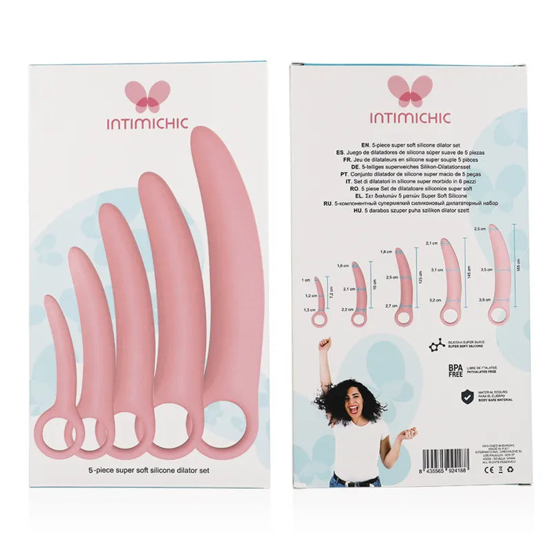 Dilatateurs vaginaux roses en silicone médical, tailles progressives, pour confort et rééducation vaginale ménopause.