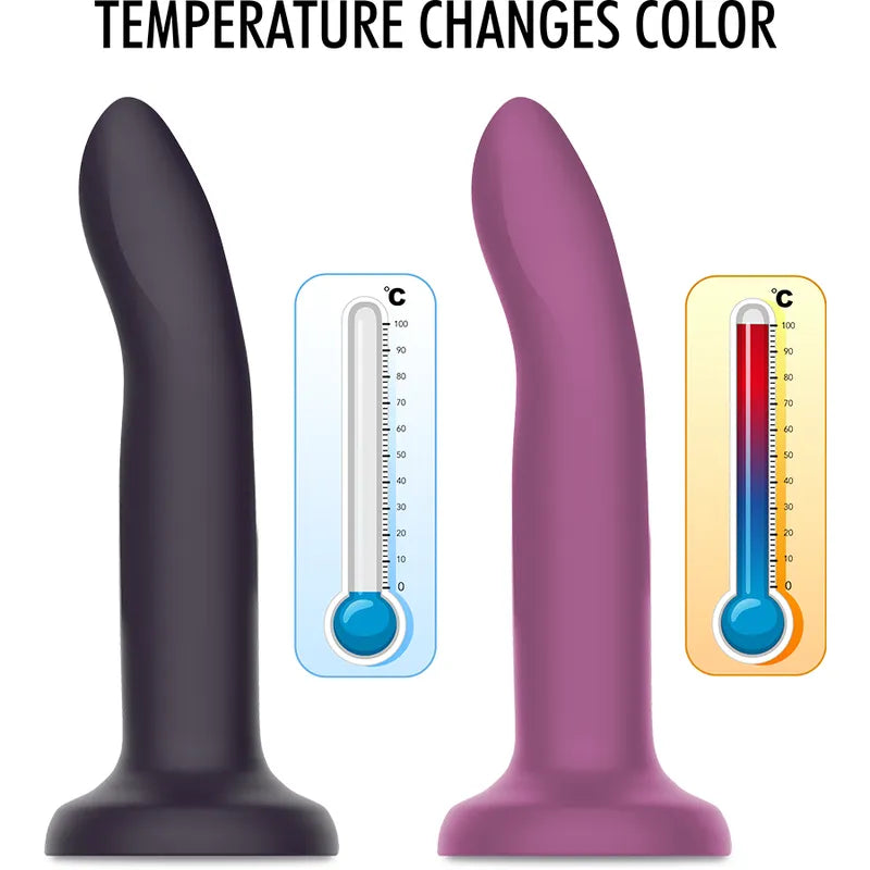 Dildo silicone thermochromique, change de violet à rose avec chaleur, 17cm, base ventouse, texture douce et flexible.