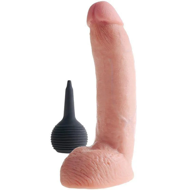 Gode réaliste éjaculant en silicone médical, texturé veineux, couleur chair, ventouse solide, nettoyant inclus.