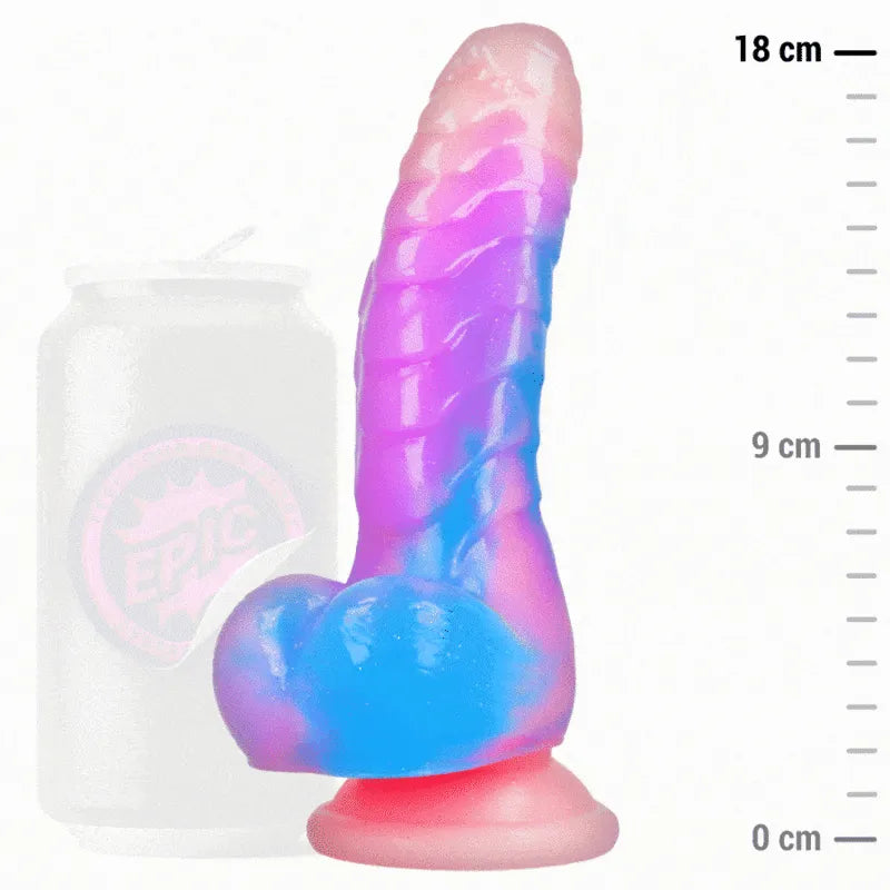 Dildo silicone 18 cm rose et bleu, ventouse puissante, texture réaliste, hypoallergénique, flexible, inspiré mythologie gr...