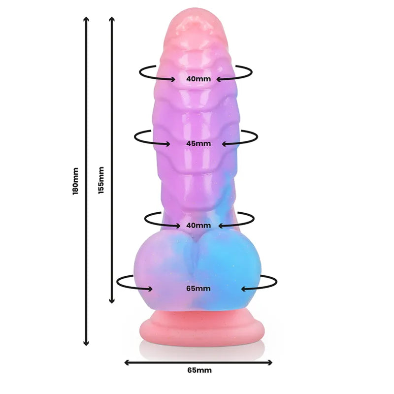 Dildo silicone liquide 18 cm, dégradé rose-bleu, ventouse puissante, texture ergonomique, inspiré mythologie grecque.