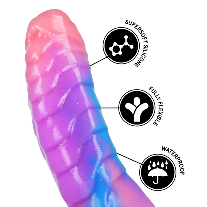 Dildo silicone liquide 18 cm, dégradé rose-violet, ventouse puissante, texture douce et flexible, hypoallergénique.