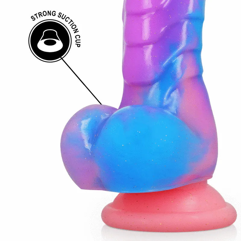 Dildo silicone multicolore 18 cm avec ventouse puissante, design ergonomique inspiré mythologie grecque, texture douce.