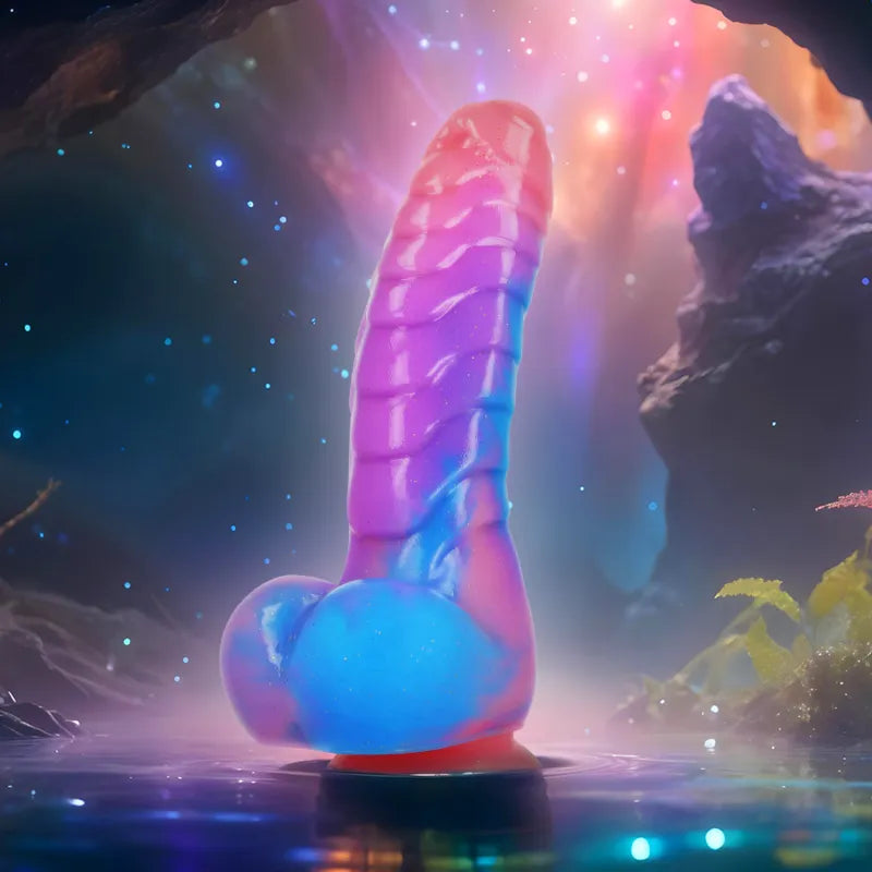 Dildo silicone 18 cm multicolore, ventouse puissante, design mythologique, doux et flexible, sur fond féerique.