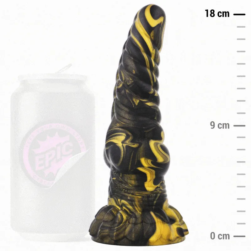 Godemichet silicone liquide noir et or, inspiré des Furies, forme torsadée, hypoallergénique, 176mm, réaliste.