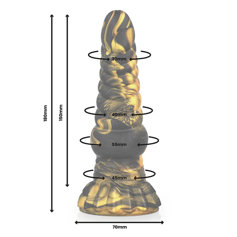Godemichet silicone liquide, design Furies grecques, noir et doré, texturé, 176mm long, 52mm diamètre, hypoallergénique.