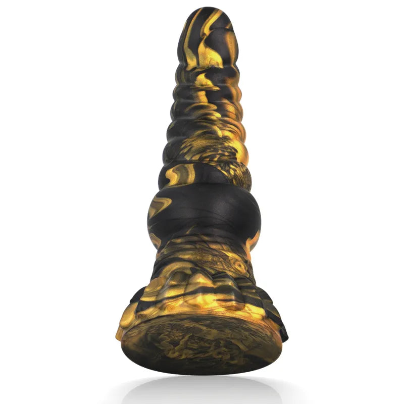 Godemichet silicone liquide noir et or, inspiré mythologie grecque, forme réaliste et ergonomique, texture douce.
