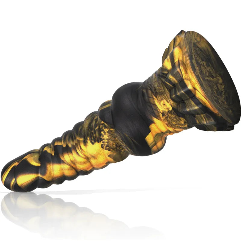 Dildo silicone liquide noir et or, inspiré des Furies grecques, texture réaliste, ergonomique, 176mm, hypoallergénique.