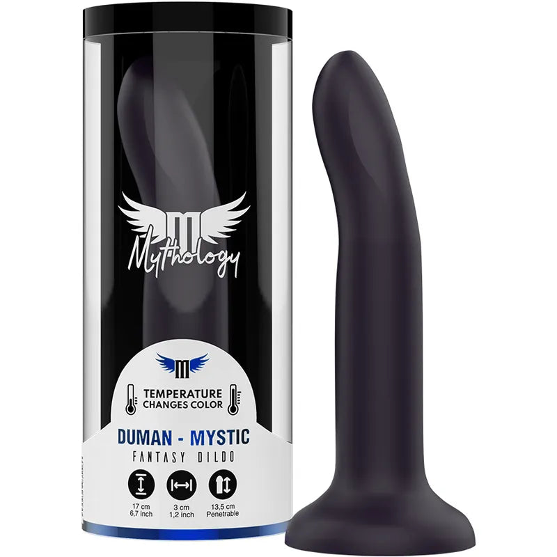 Dildo silicone violet, 17cm, change de couleur avec chaleur, base ventouse, texture douce et flexible, emballage inclus.