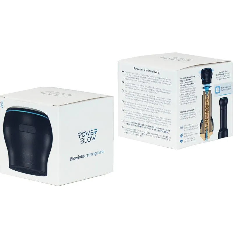 Dispositif interactif Powerblow noir, forme ergonomique, boîte blanche, compatible masturbateurs, Bluetooth, silicone.