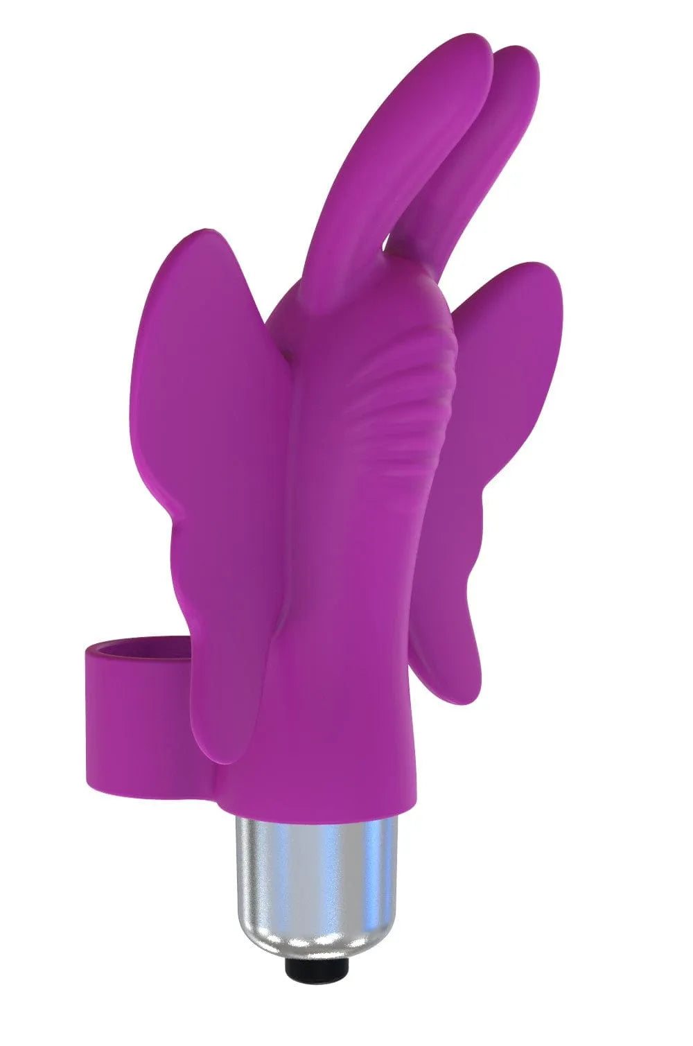 Doigt chinois vibrant en silicone violet, forme ergonomique, texture douce, idéal pour massage relaxant, piles incluses.