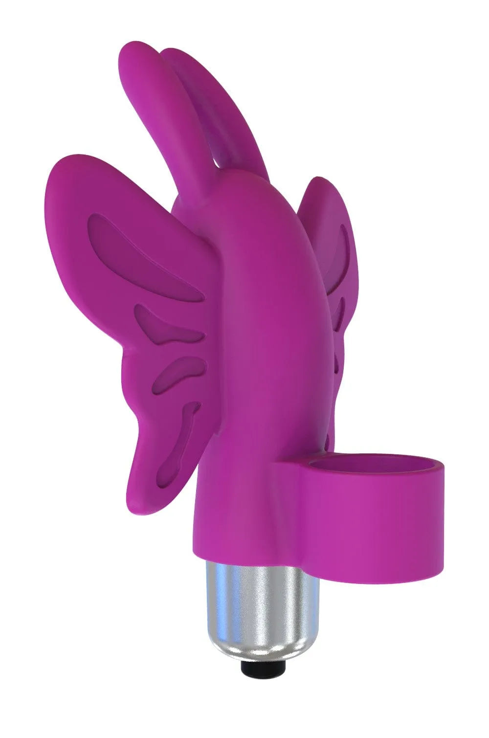 Doigt Chinois vibrant en silicone violet, forme ergonomique avec ailettes, idéal pour massage relaxant, piles incluses.