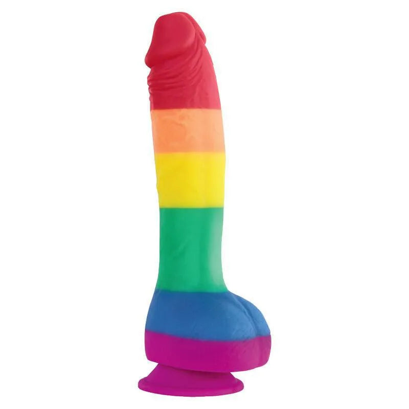 gode silicone multicolore satiné texture ferme ventouse solide polyvalent non poreux hygiénique nettoyage six pouces huit pouces inclusif fierté