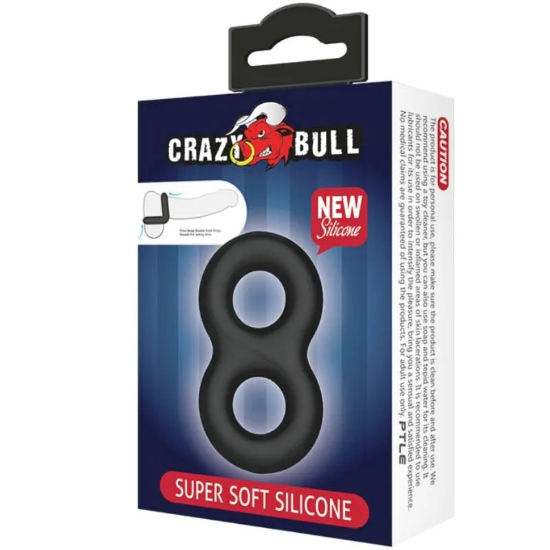 Double anneau pénien noir en silicone doux, forme ergonomique, sur emballage Crazy Bull, pour érection prolongée.