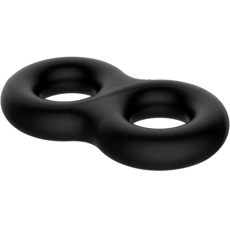 Double anneau pénien noir en silicone médical, forme ergonomique, pour érections prolongées et intensité accrue.
