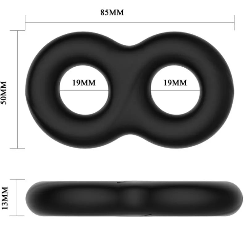 Double anneau pénien noir en silicone médical, forme ergonomique, dimensions visibles, pour érection prolongée.