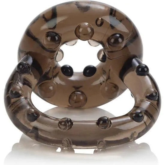 Anneau double pénis et testicules en TPR transparent, ergonomique, hypoallergénique, avec reliefs pour performance sexuelle.