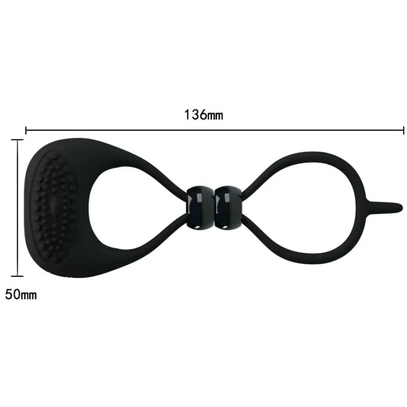 Double anneau vibrant noir en silicone avec balle vibrante intégrée, conçu pour pénis et testicules, 136mm x 50mm.