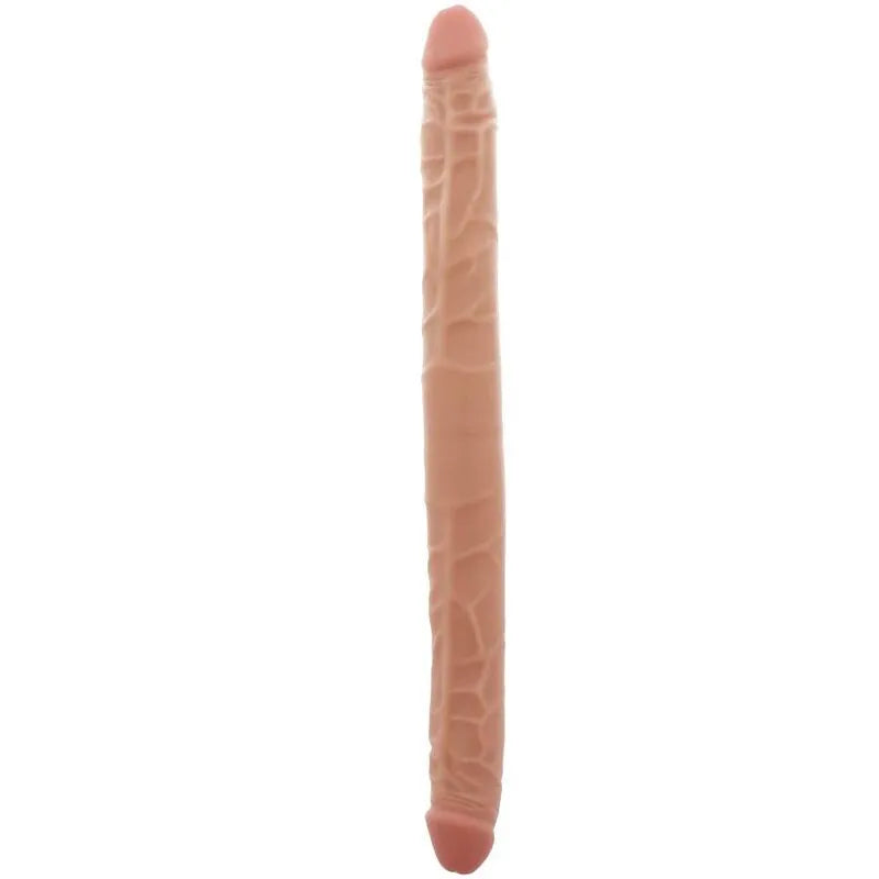 Double dong réaliste beige en PVC sans phtalates, texture veinée, double extrémité pour plaisir solo ou partagé.