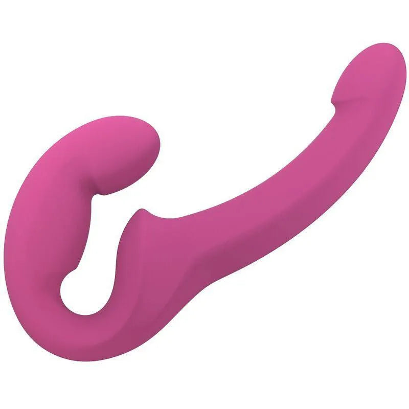 Double gode rose incurvé en silicone médical, ergonomique et flexible, sans harnais, pour stimulation pelvienne et prostate.
