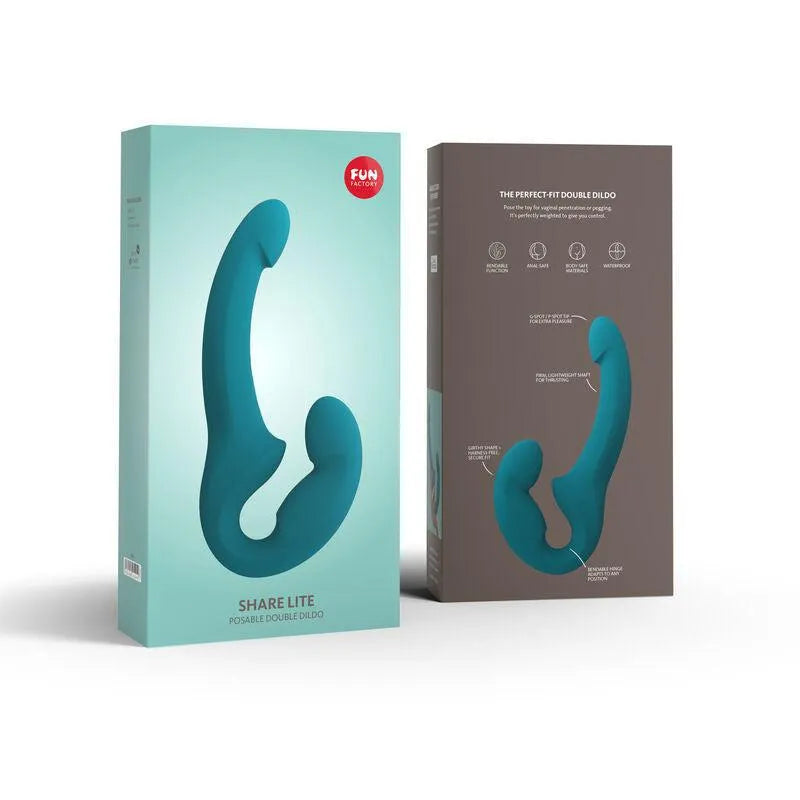 Double gode bleu en silicone médical, ergonomique et flexible, sans harnais, sur fond blanc, dans un emballage moderne.