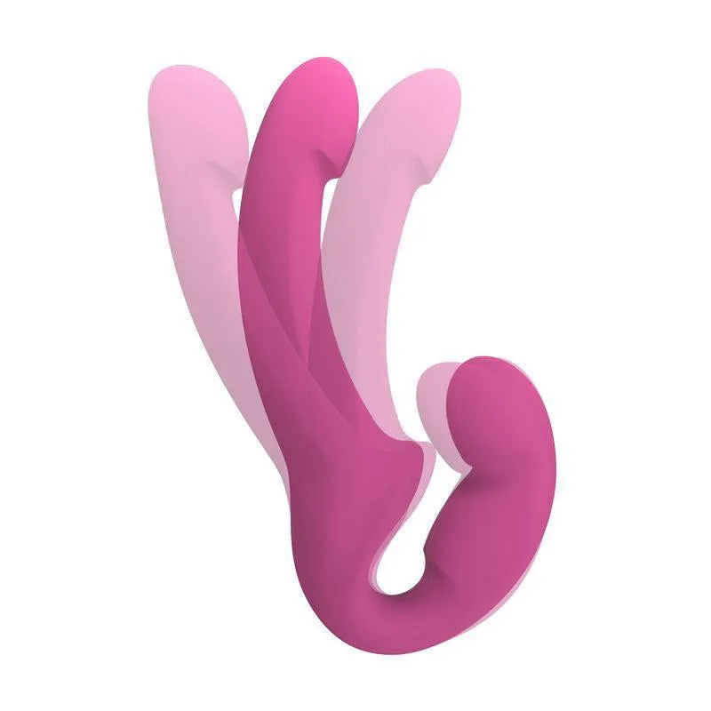 Double gode rose incurvé en silicone médical, flexible et ergonomique, sans harnais, pour stimulation pelvienne et prostate.
