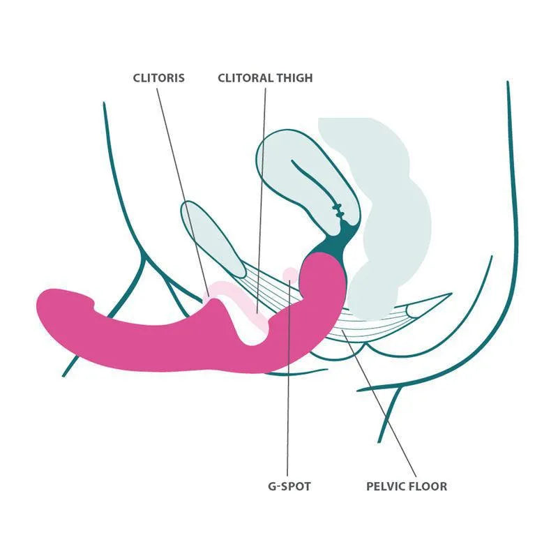 Double gode ergonomique rose en silicone, incurvé, flexible, sans harnais, pour stimulation pelvienne et prostate.