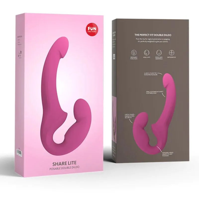 Double gode rose ergonomique sans harnais, silicone médical, incurvé, flexible, stimulation pelvienne et prostate.