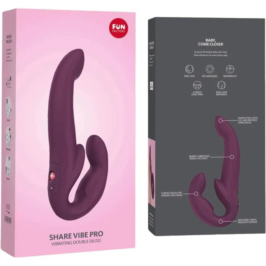 Double gode vibrant écologique sans harnais, violet, ergonomique, multivitesse, rechargeable, hypoallergénique.