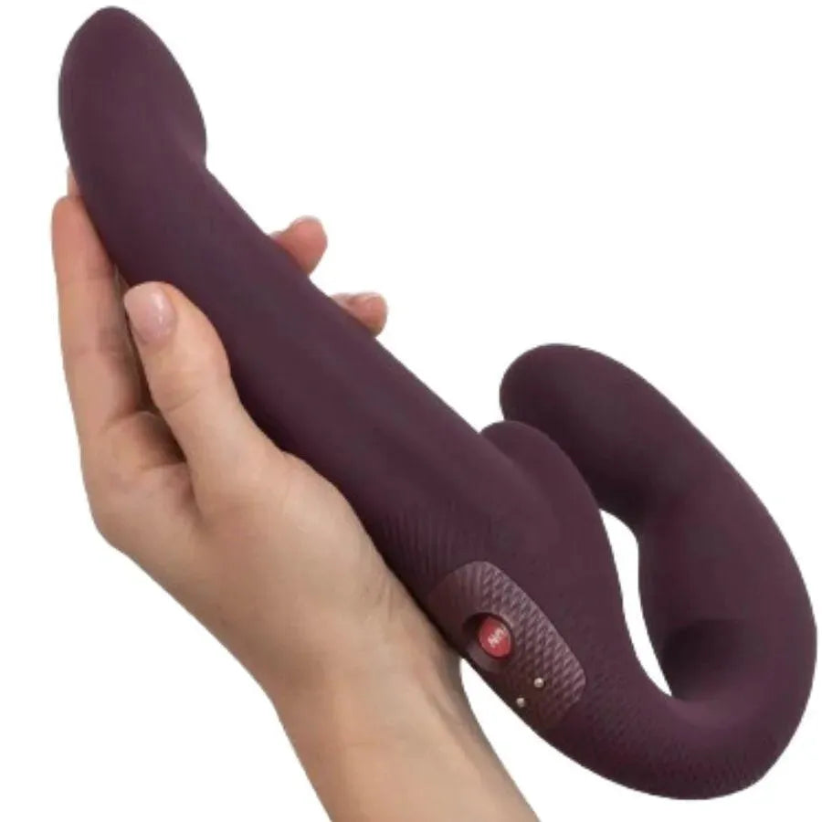 Double gode vibrant sans harnais, couleur prune, design ergonomique, écologique, rechargeable, multivitesse, étanche.