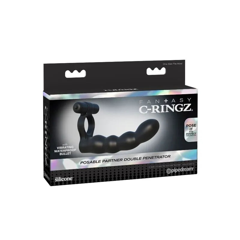 Double pénétrateur noir en silicone flexible, articulé, étanche, dans une boîte avec anneau pénien et stimulateur intégré.