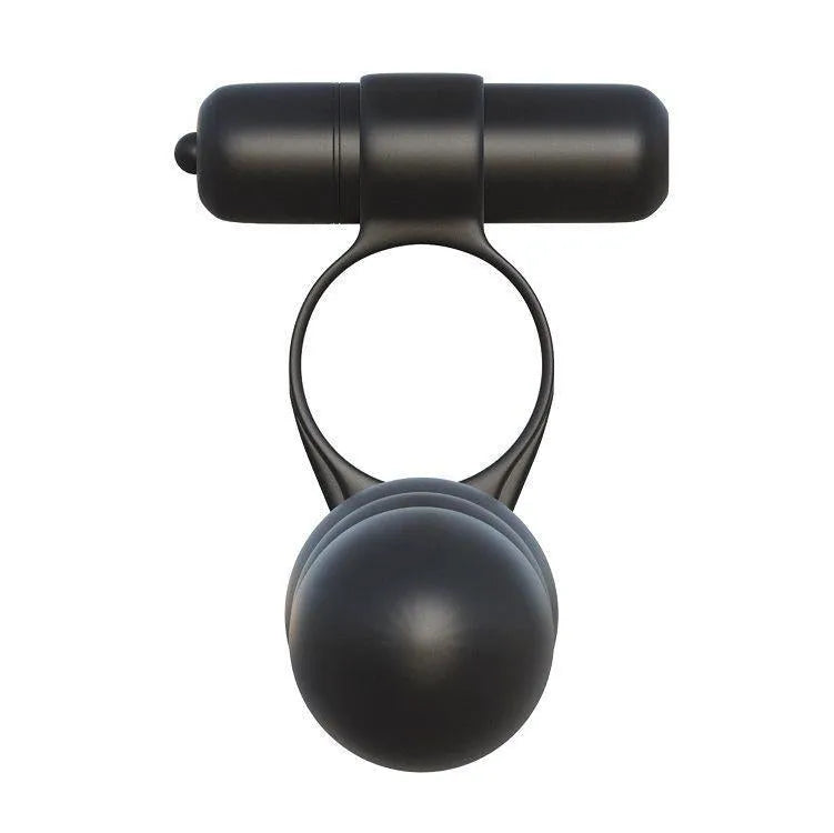 Double pénétrateur en silicone noir, pliable, avec anneau pénien et stimulateur, hypoallergénique et étanche.