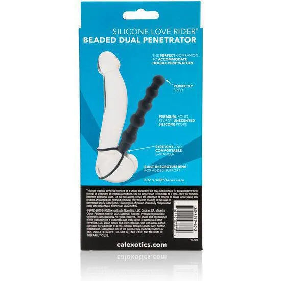 Double pénétrateur perlé noir en silicone avec tige flexible et boucles élastiques, sur fond d'emballage bleu.