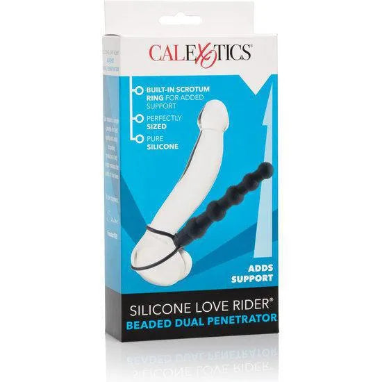 Double pénétrateur perlé en silicone noir avec tige flexible et boucles élastiques, emballage bleu et blanc.