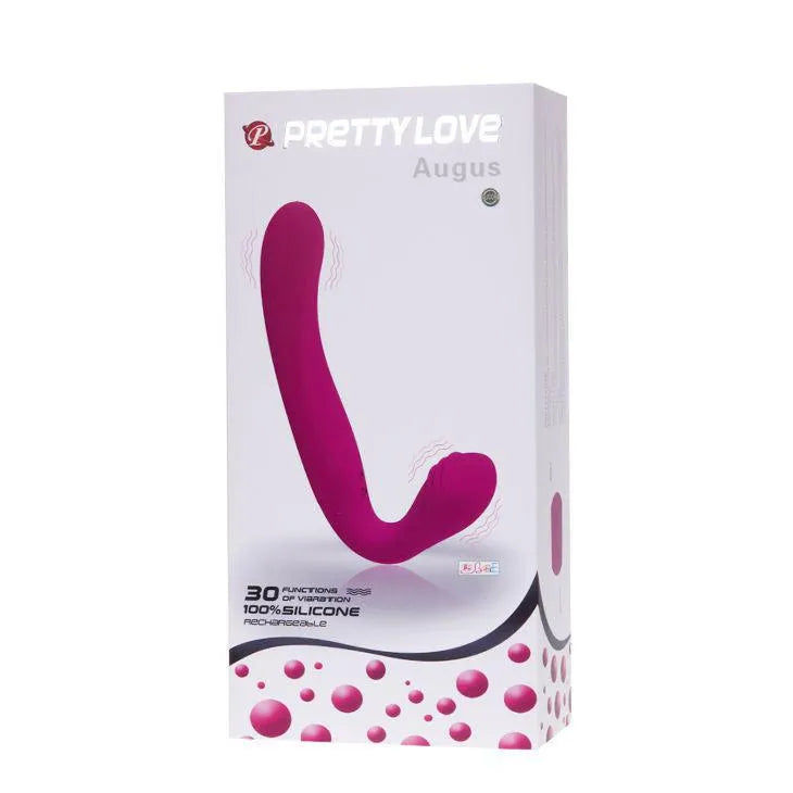 Sextoy rose en silicone médical avec deux moteurs, forme ergonomique, sur fond blanc avec boîte rétroéclairée.