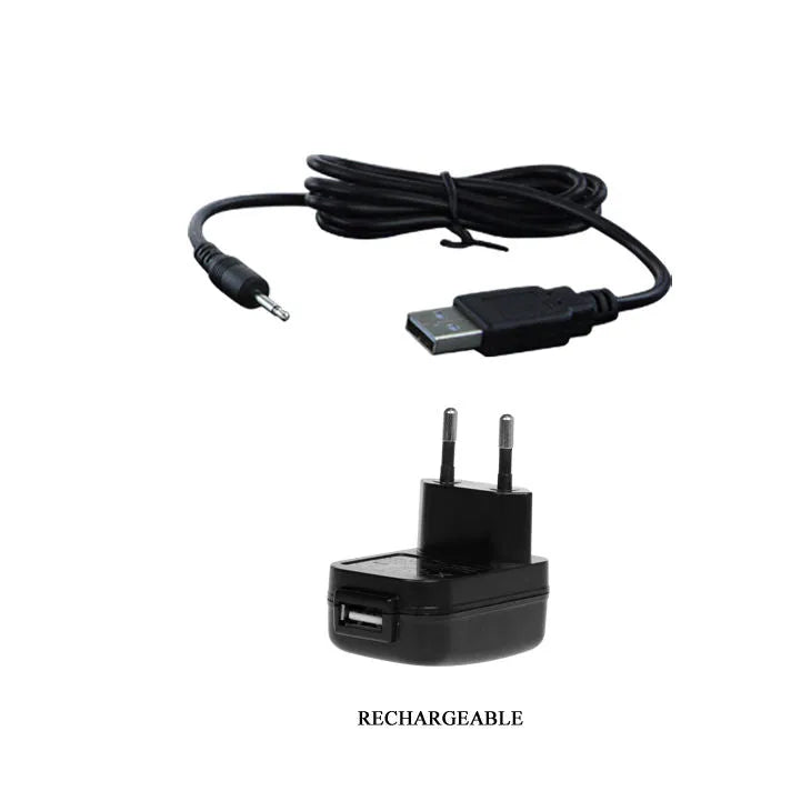 Câble USB noir et adaptateur secteur pour double pénétrateur silicone rechargeable, accessoire intime ergonomique.