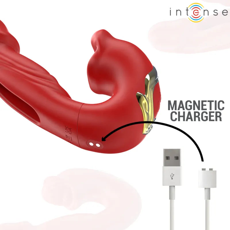 Double vibrateur rouge en silicone avec bouche aspirante, design ergonomique, chargeur magnétique inclus.