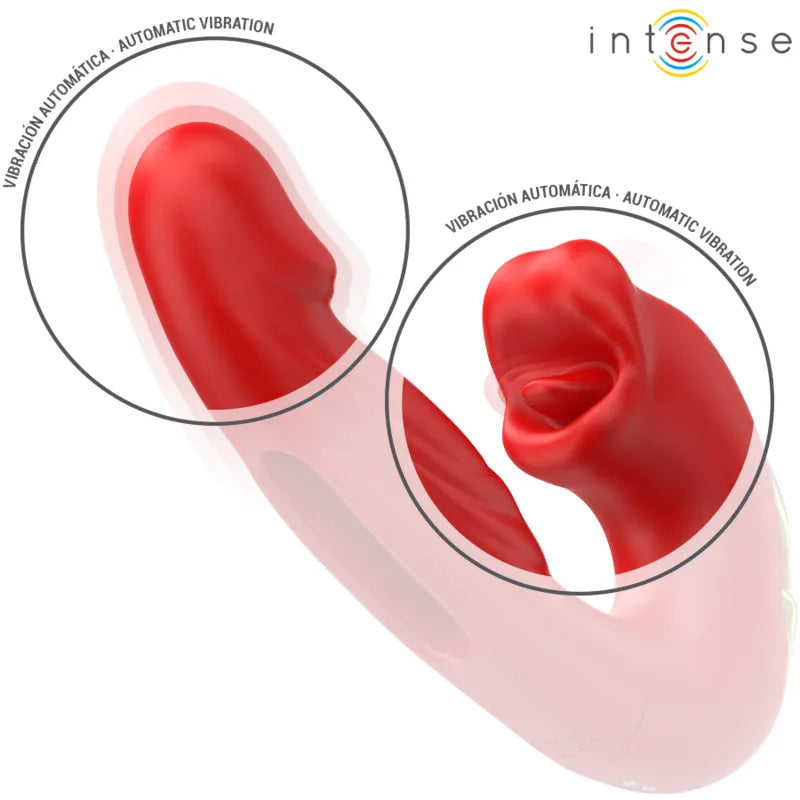 Double vibrateur rouge en silicone avec bouche aspirante, design ergonomique pour stimulation interne et externe.