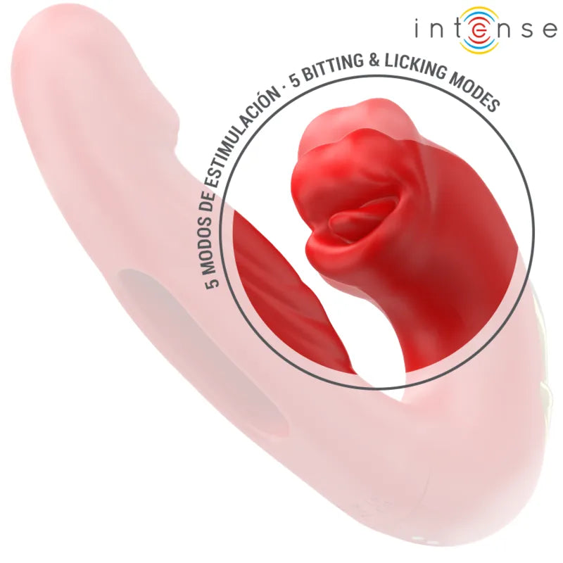 Double vibrateur silicone rose avec embout rouge aspirant, design ergonomique pour stimulation interne et externe.