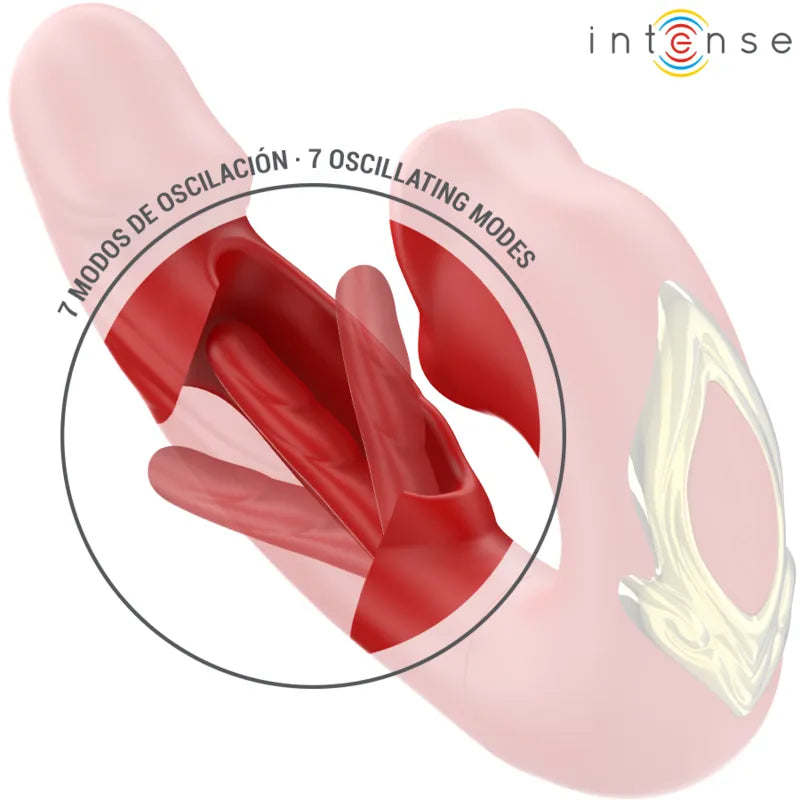 Double vibrateur silicone NATHY, couleur rose, avec bouche aspirante pour stimulation interne et externe.