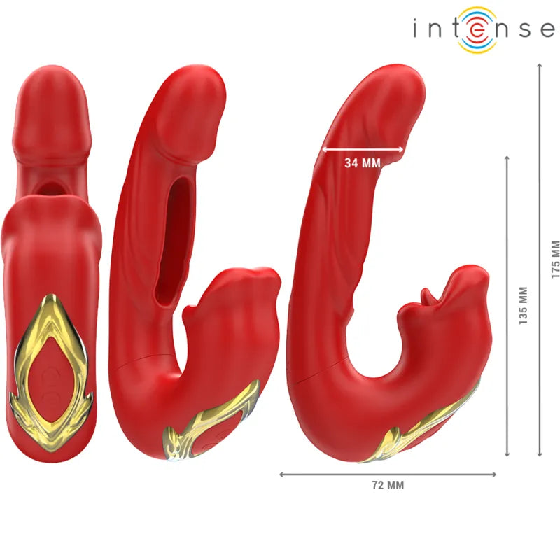 Double vibrateur rouge en silicone avec bouche aspirante, design ergonomique, détails dorés, dimensions visibles.