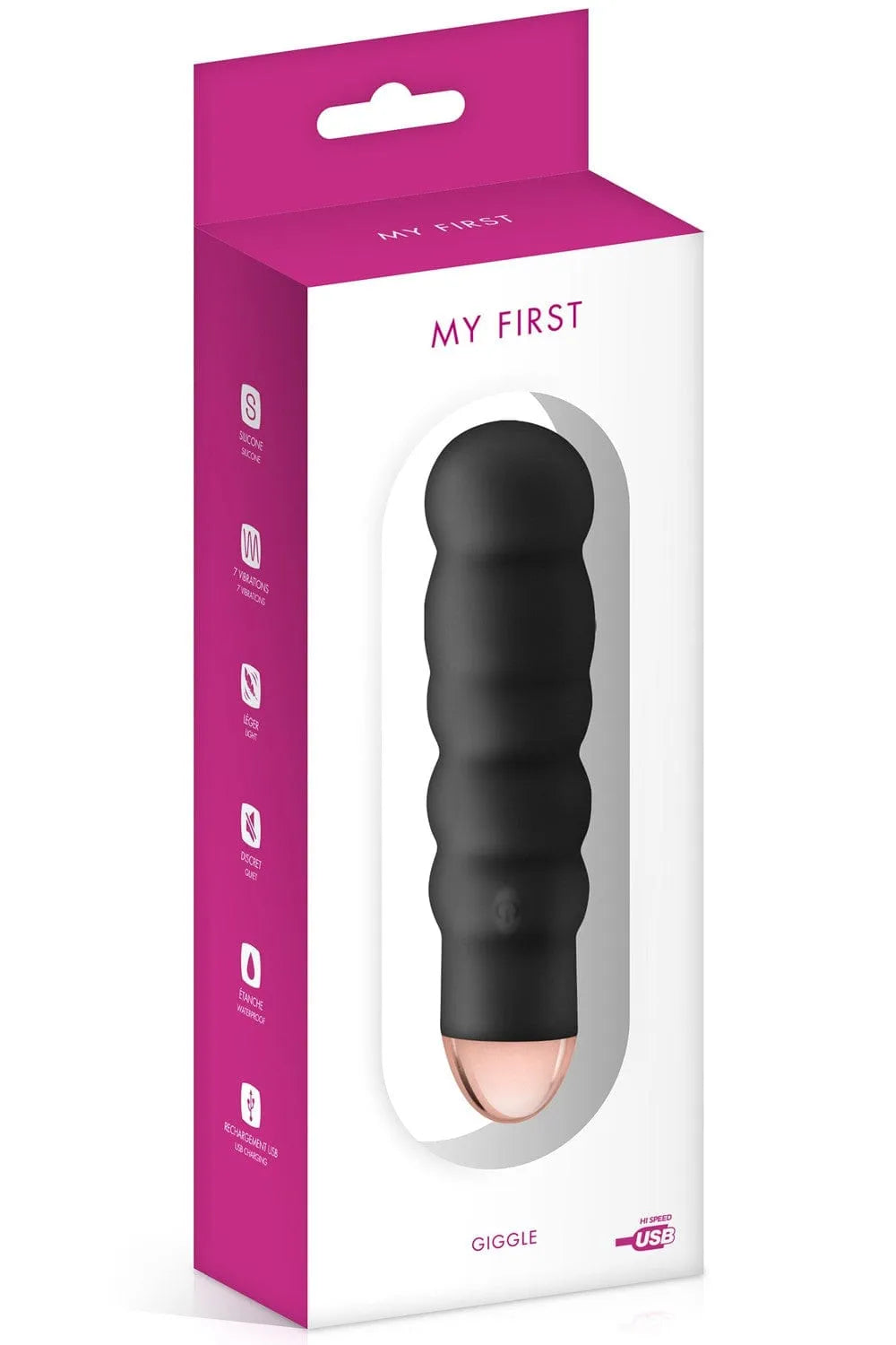 Vibromasseur noir ondulé en silicone, waterproof, 7 vitesses, rechargeable USB, dans un emballage rose et blanc.